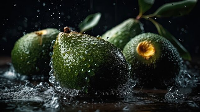 green avocado fruits hit by splashes of water with black blur background and perfect viewing angle