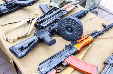 Russian Kalashnikov assault rifle AK-12 with a drum magazine