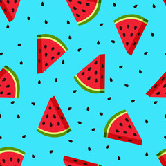 Seamless pattern of watermelon slices and seeds on a bright blue background. Vector background. Flat design.