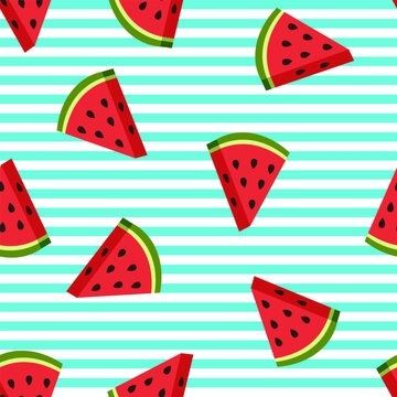 Seamless pattern of watermelon slices on a striped background. Vector background. Flat design.