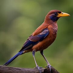 Fototapeta premium Generative AI, Generative, AI, IA, generativa, IA generativa, Pájaro marrón con cola azul y pico anaranjado posado en un tronco de árbol 