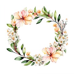 Spring floral wreath. Wildflowers watercolor wreath, Watercolor flower round frame, Meadow flowers circle border, Generative AI.