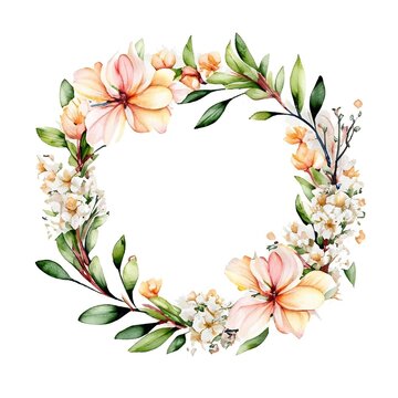 Spring floral wreath. Wildflowers watercolor wreath, Watercolor flower round frame, Meadow flowers circle border, Generative AI.