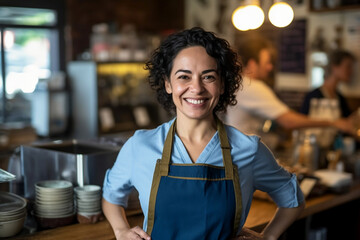 latina barista at a local cafe smiling into the camera - Generative AI - obrazy, fototapety, plakaty