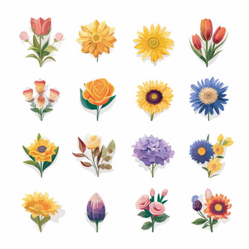Icon set in a flat style of flower icons such as roses, tulips, daisies, sunflowers, and lilies, arranged in a bouquet on a white transparent background