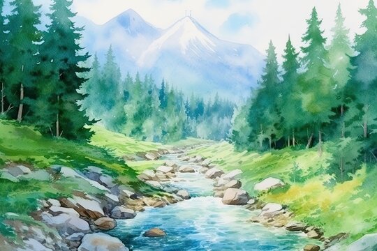 Mountains and river light watercolor landscape
