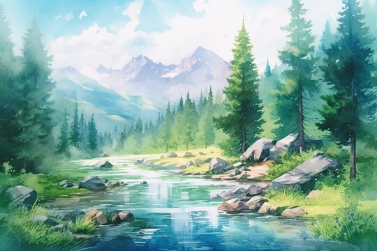 Mountains and river light watercolor landscape