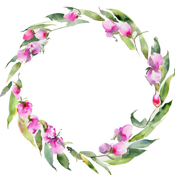 Spring floral wreath. Wildflowers watercolor wreath, Watercolor flower round frame, Meadow flowers circle border, Generative AI.