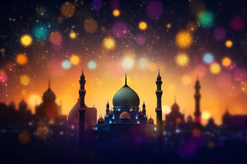 Silhouette of a mosque with colorful Islamic New Year lanterns, Islamic New Year, bokeh Generative AI