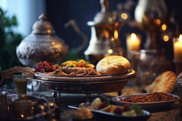 Traditional Islamic New Year food arranged on a festive table, Islamic New Year, bokeh Generative AI