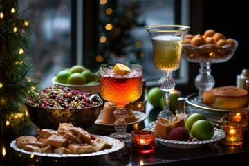 Obraz na płótnie Canvas Traditional Islamic New Year food arranged on a festive table, Islamic New Year, bokeh Generative AI