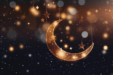 Obraz na płótnie Canvas Illuminated crescent moon and stars against a night sky for Islamic New Year, Islamic New Year, bokeh Generative AI