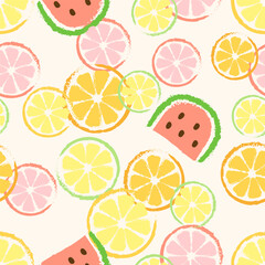 Summer vector seamless pattern in a retro style with watermelon and orange slices