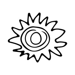 Sun element icon sign, simple naive doddle style, black silhouette hand drawing, editable object on white background