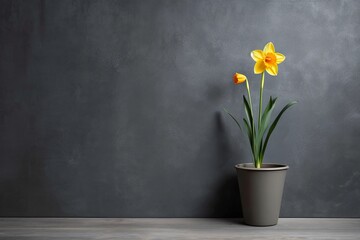 0335. Daffodil plant in front of dark wall. Generative AI
