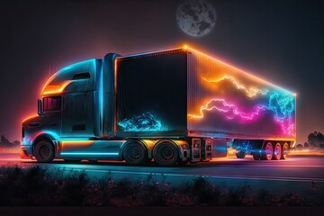 Truck with glowing lightning on the road at night