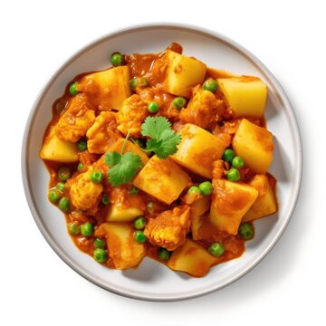 Delicious Plate of Indian Aloo Matar on a White Background. Generative AI