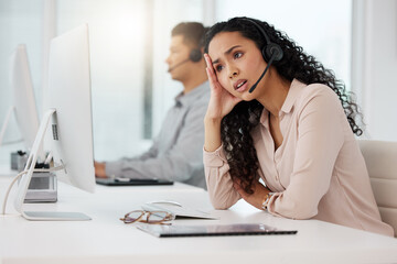 Business woman, call center and frustrated in customer service, stress or burnout at office....