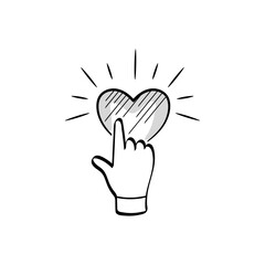 The hand presses on the heart. Like button. Online activity. Doodle vector icon.