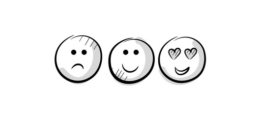 Emotions, emoticons, sad, happy, love. Review, rating. Doodle vector illustration.