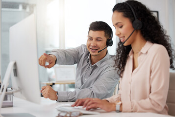 Business people, call center and coaching for teamwork in customer service, support or...
