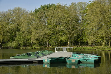 Fototapeta na wymiar Ponton flottant et barques pour la promenade sur l'eau à l'étang principal du domaine provincial de Kessel-Lo à Louvain 