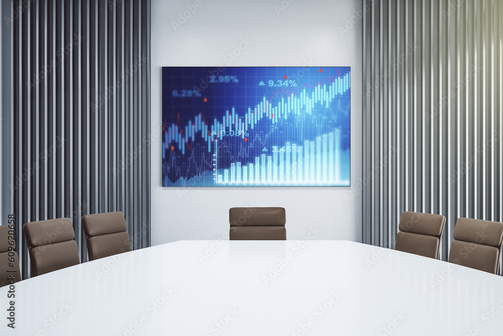 Poster abstract financial graph on tv display in a modern presentation room, financial and trading concept.