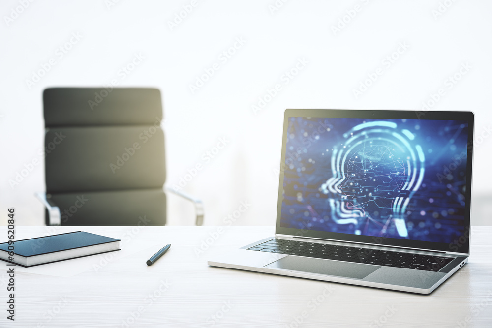 Poster creative artificial intelligence concept with human head hologram on modern laptop screen. 3d render