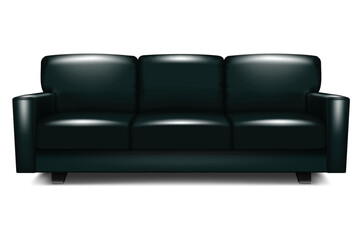 Black modern sectional sofa. Dark blue leather couch. Settee with cushions. Realistic vector illustration