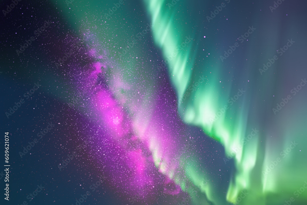 Sticker night starry sky. milky way and northern lights. green aurora borealis