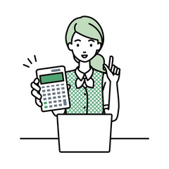 座ってデスクでノートPCを開いて電卓を指差してこちらに向けて見せている事務員制服の女性