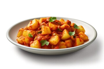 Delicious Plate of Indian Aloo Matar on a White Background. Generative AI - obrazy, fototapety, plakaty
