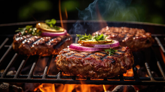 "Sizzling Beef Burger on Grill: Juicy and Irresistible Delight" , summer BBQ (Generative AI)