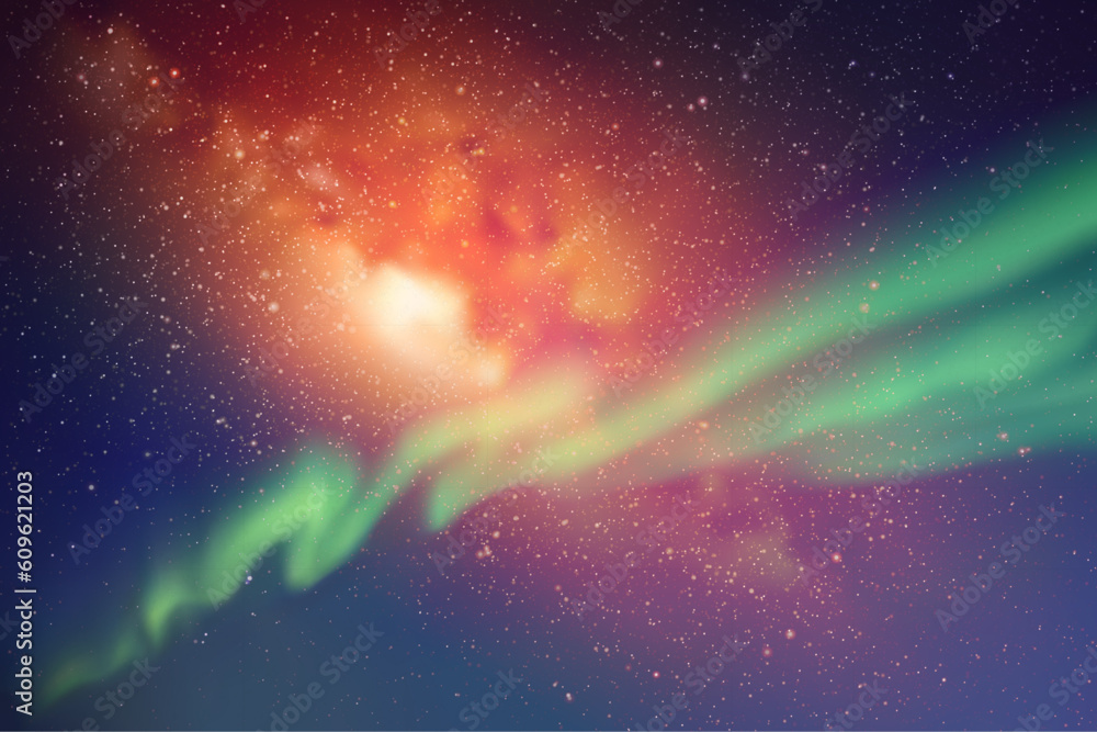 Poster night starry sky. milky way and northern lights. green aurora borealis