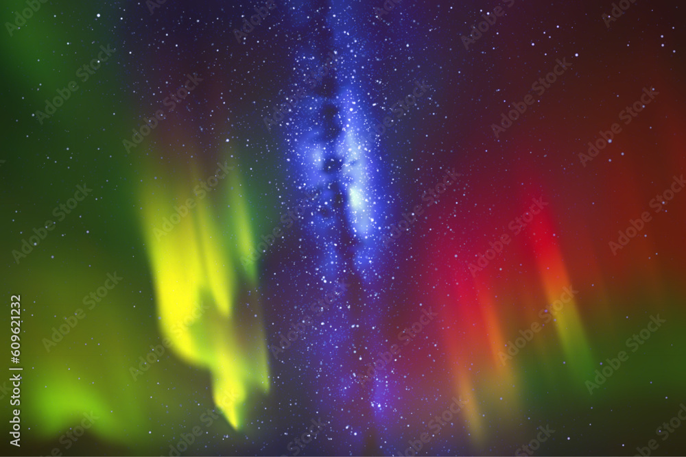 Wall mural milky way and northern lights. red green aurora. night starry sky