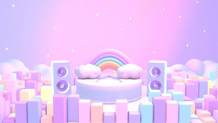 3d rendered rainbow stage with speakers and colorful volume visualizer.