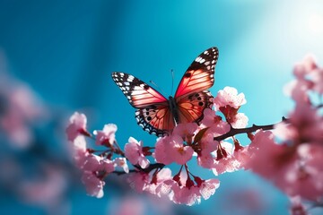 Fototapeta na wymiar A butterfly sits on a branch of a flowering tree. Generative AI.