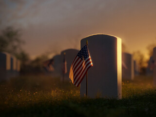 3D Illustration of Golden Hour Headstone with USA Flag for Memorial Day
