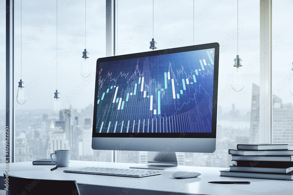 Aufkleber computer monitor with abstract financial graph, finance and trading concept. 3d rendering