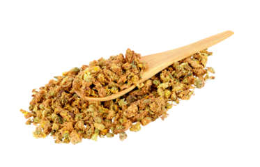 Dried chrysanthemum flowers in wooden spoon   on   transparent png