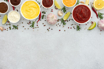 Different types of sauces in bowls with seasonings, rosemary and pepper, thyme and garlic, lime and lemon, cilantro, top view, copy space