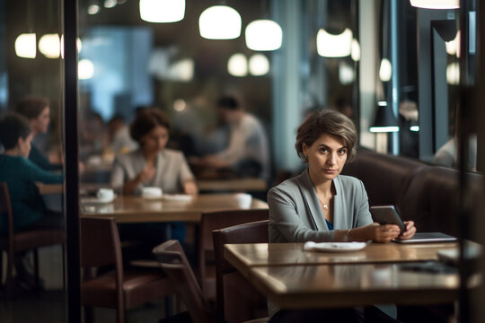 A confident business woman sitting at a table waiting for a meeting. Developed with generative ai