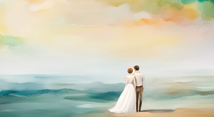Beach wedding background watercolor style with abstract small bride and groom couple at the bottom and copy space generative ai illustration