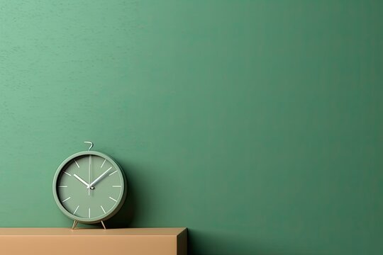 0375. green clock in front of pastel wall. Generative AI