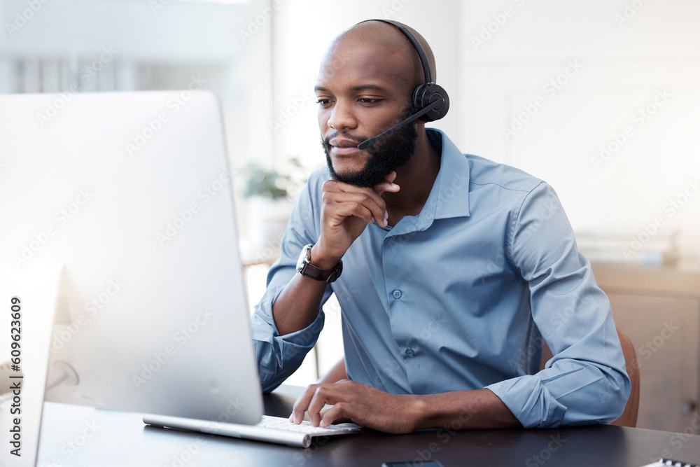 Poster black man, computer and call center, thinking with contact us and communication, concentrate with he