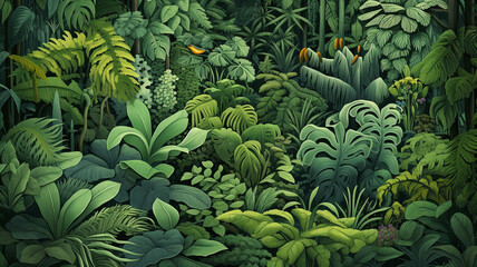 Fototapeta premium Wallpapermotiv im Dschungellook. Grüne Blätter, tropische Bumen, etc. 