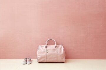 0379. Gym bag in front of light pastel wall. Generative AI
