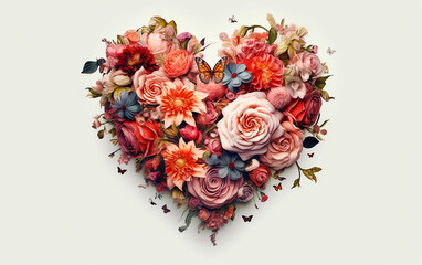 heart shaped rose bouquet, A heart-shaped arrangement of vintage flowers and rose leaves sets a romantic scene.   Generative AI
