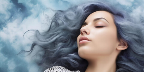Fototapeta premium Young woman with colorful dyed blue hair sleeping and dreaming in clouds, close up, Generative AI