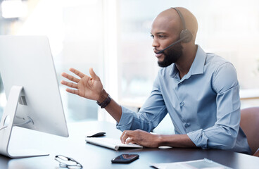 Black man at computer, callcenter and contact us, phone call communication with headset and...